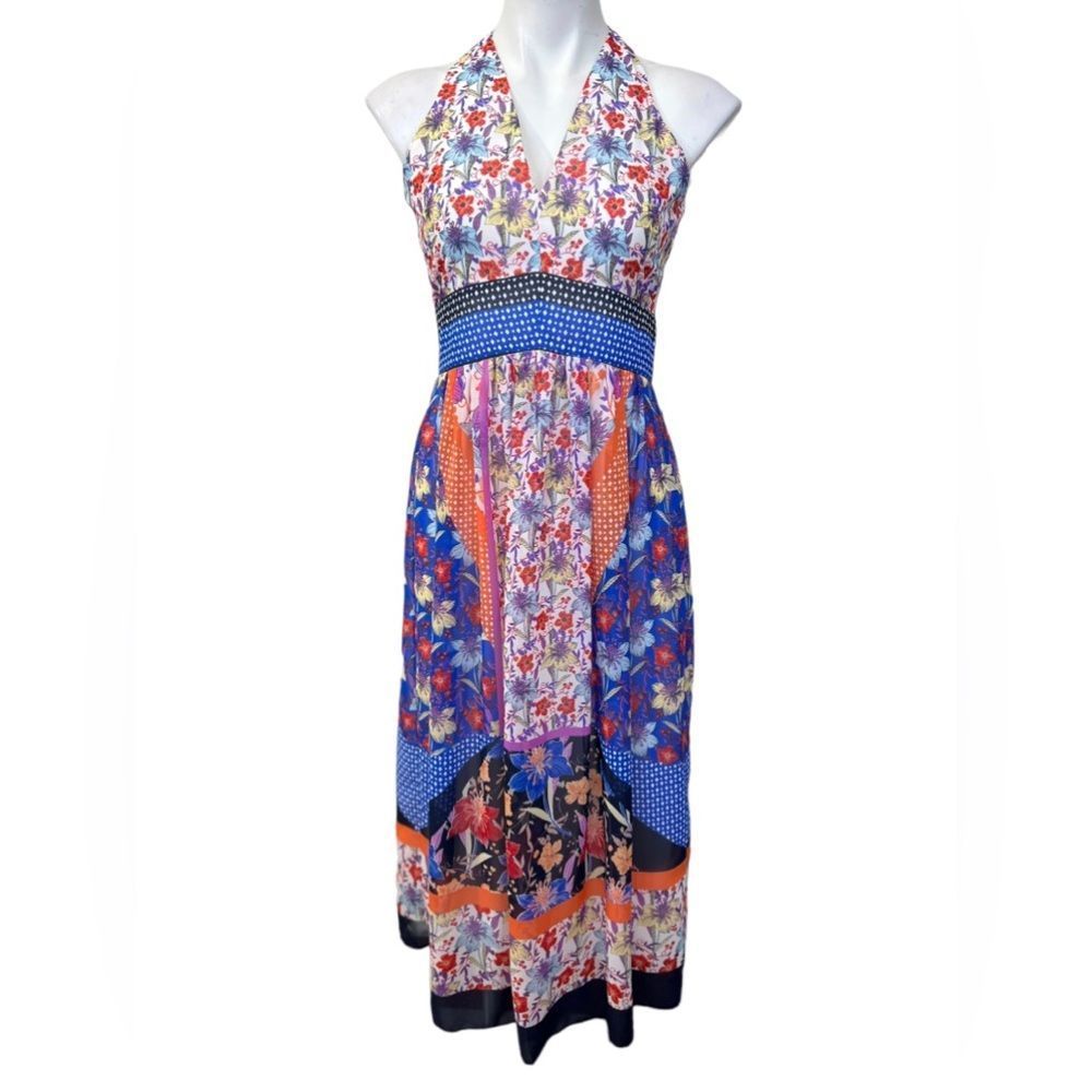 Maggy London Folk Fest Printed Chiffon Maxi Dress, 4, S, Floral Patchwork Lined - Picture 3 of 9